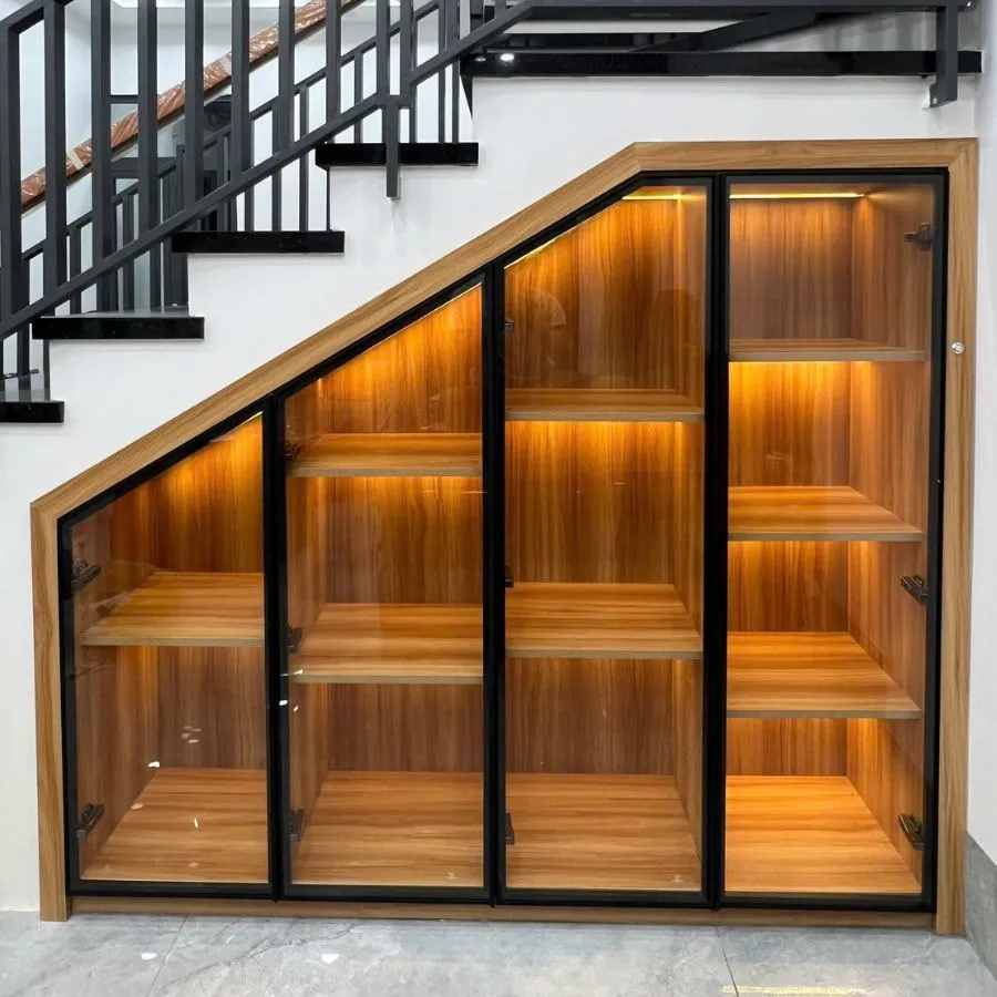 Tủ Gầm Cầu Thang Gỗ MDF Kết Hợp Cánh Kính Và Đèn Led