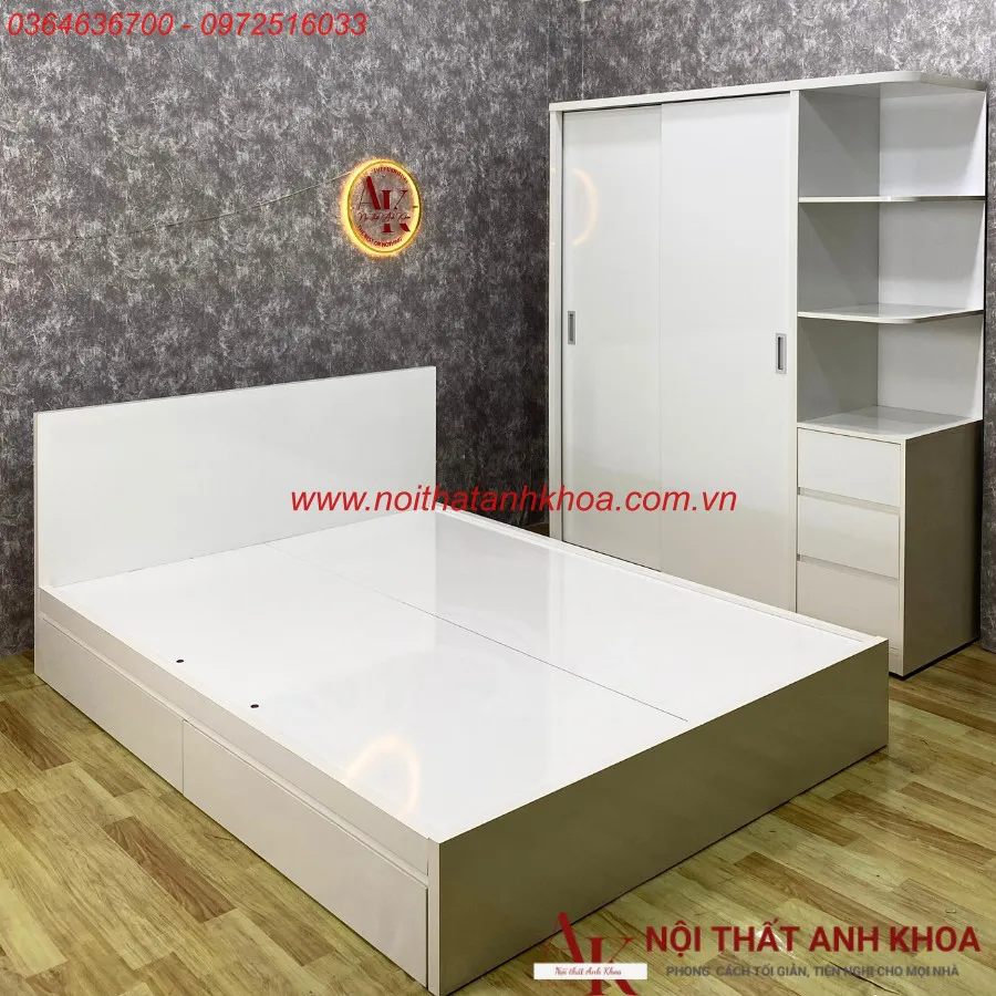 Combo Giường Tủ Gỗ Công Nghiệp Màu Trắng Phong Cách Tối Giản