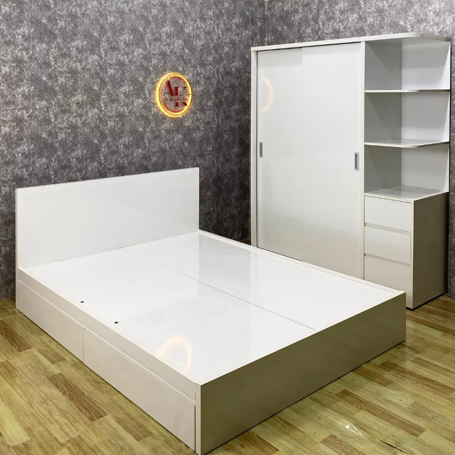Combo Giường Tủ Gỗ Công Nghiệp Màu Trắng Phong Cách Tối Giản