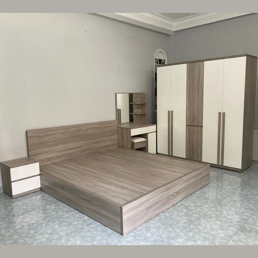 Combo Phòng Ngủ Gỗ Công Nghiệp Màu Xám Phối Trắng Hiện Đại Giá Rẻ