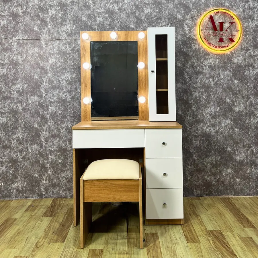 Mẫu Bàn Trang Điểm Gỗ Công Nghiệp Màu Vàng Đẹp Có Đèn LED
