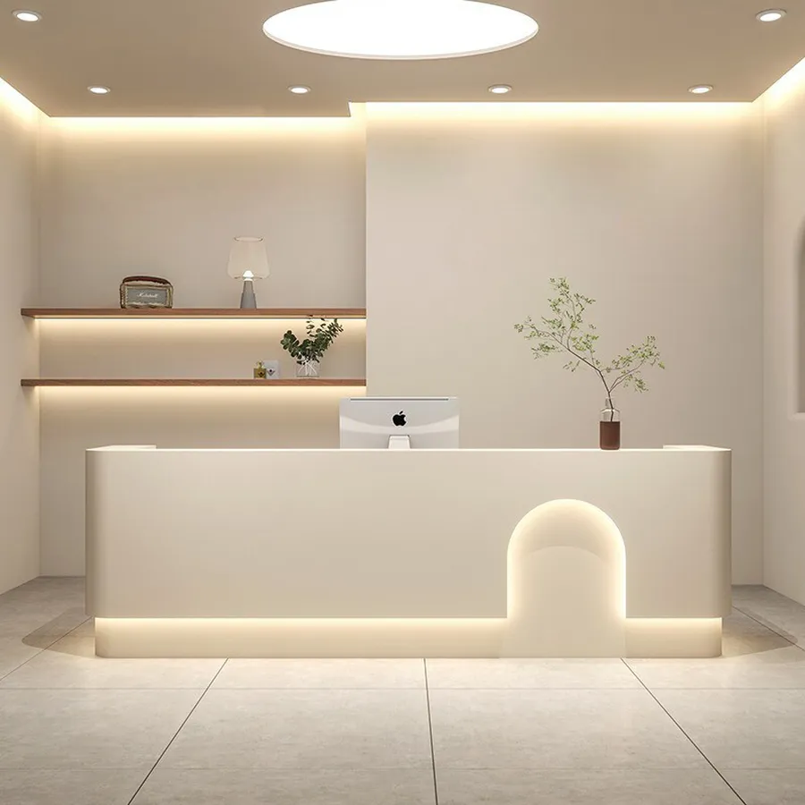 Quầy Lễ Tân Chữ I Gỗ Công Nghiệp Màu Trắng Đẹp Hiện Đại