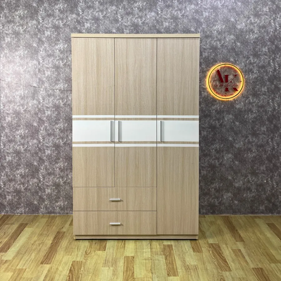 Tủ Quần Áo 3 Cánh Màu Kem Phối Sọc Gỗ MDF Bền Đẹp