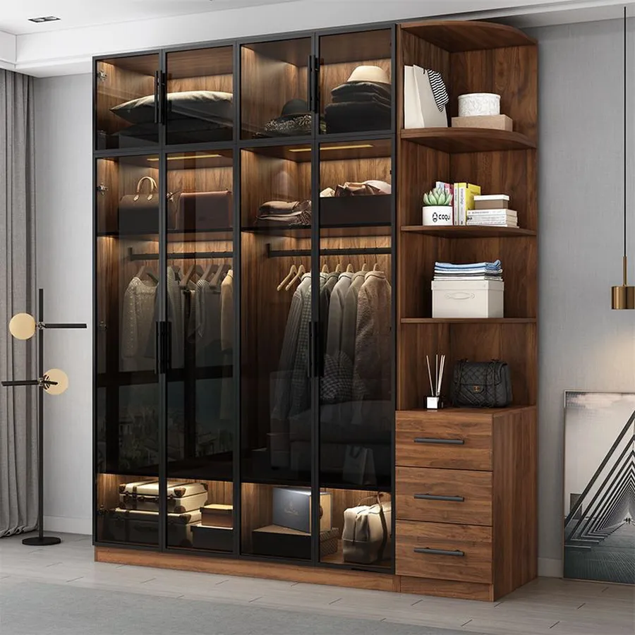 Tủ Quần Áo Cánh Kính Gỗ MDF Màu Nâu Vân Gỗ Phối Đèn LED Đẹp Sang Trọng