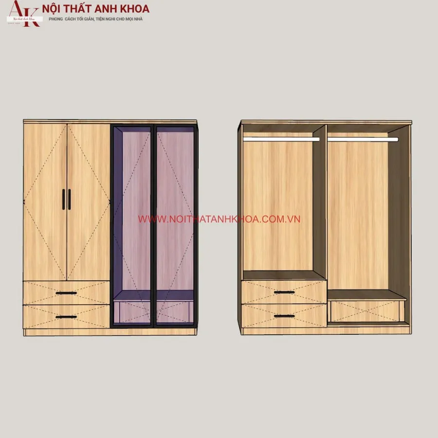 Tủ Quần Áo 4 Cánh Gỗ Công Nghiệp Kết Hợp Cánh Kính Hiện Đại