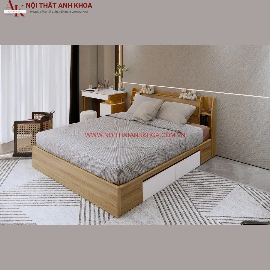 Giường Ngủ Gỗ Công Nghiệp Đầu Kệ Tựa Lưng Màu Nâu Kèm 2 Hộc Chứa Đồ Tiện Nghi
