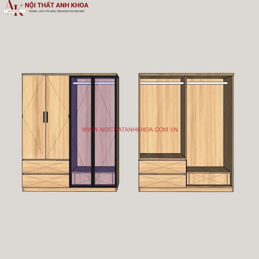 Tủ Quần Áo 4 Cánh Gỗ Công Nghiệp Kết Hợp Cánh Kính Hiện Đại