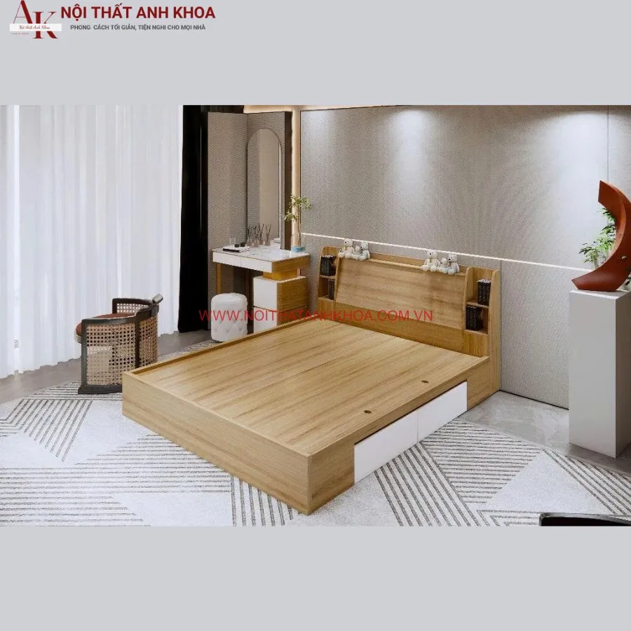 Giường Ngủ Gỗ Công Nghiệp Đầu Kệ Tựa Lưng Màu Nâu Kèm 2 Hộc Chứa Đồ Tiện Nghi