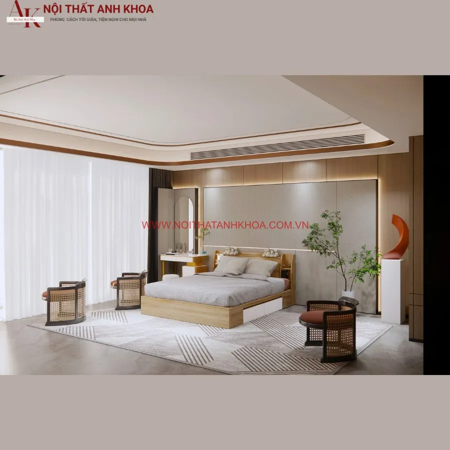 Giường Ngủ Gỗ Công Nghiệp Đầu Kệ Tựa Lưng Màu Nâu Kèm 2 Hộc Chứa Đồ Tiện Nghi