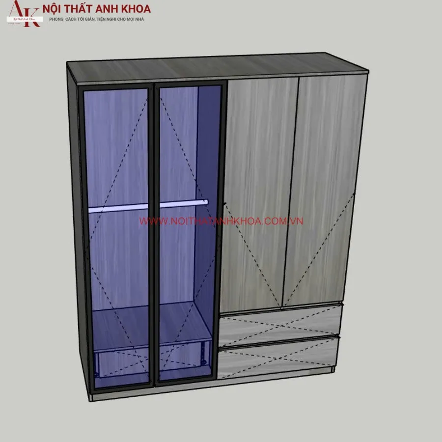 Tủ Quần Áo 4 Cánh Gỗ Công Nghiệp Kết Hợp Cánh Kính Hiện Đại