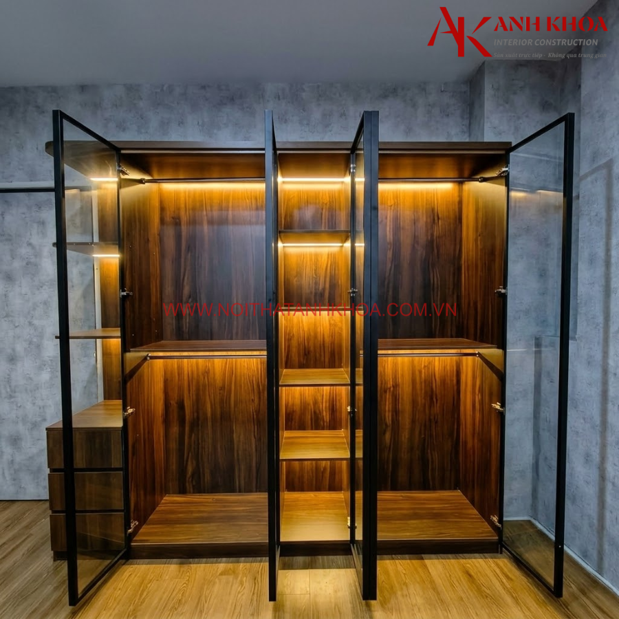 Tủ Quần Áo Cánh Kính Gỗ MDF Màu Nâu Vân Gỗ Phối Đèn LED Đẹp Sang Trọng