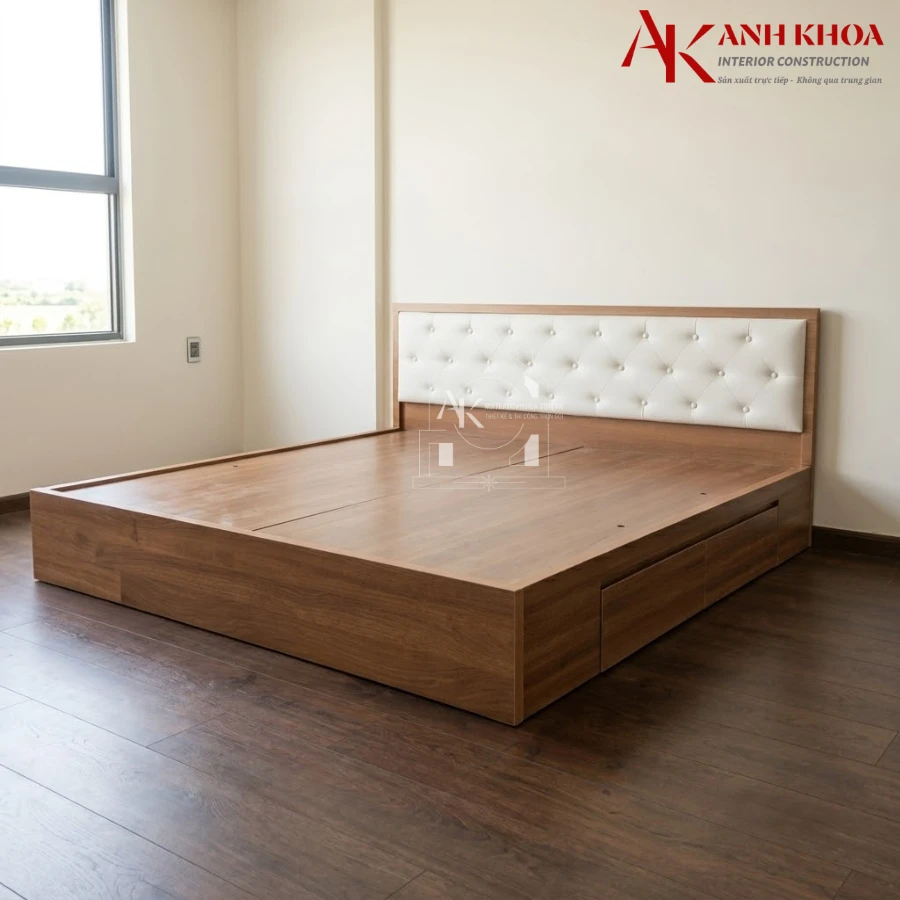 Giường Ngủ Gỗ Công Nghiệp MDF Màu Vàng Đầu Nệm Êm Cùng 2 Hộc Chứa Đồ Tiện Lợi