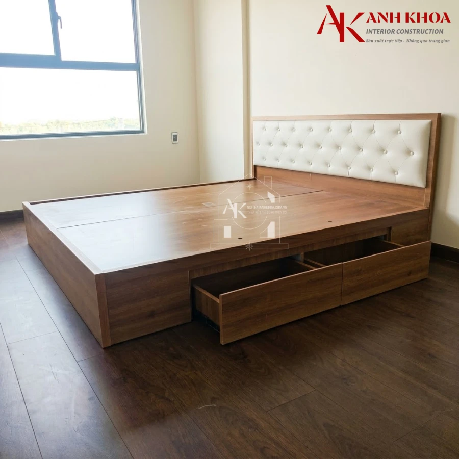 Giường Ngủ Gỗ Công Nghiệp MDF Màu Vàng Đầu Nệm Êm Cùng 2 Hộc Chứa Đồ Tiện Lợi