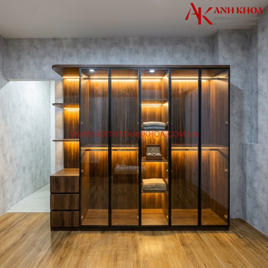 Tủ Quần Áo Cánh Kính Gỗ MDF Màu Nâu Vân Gỗ Phối Đèn LED Đẹp Sang Trọng