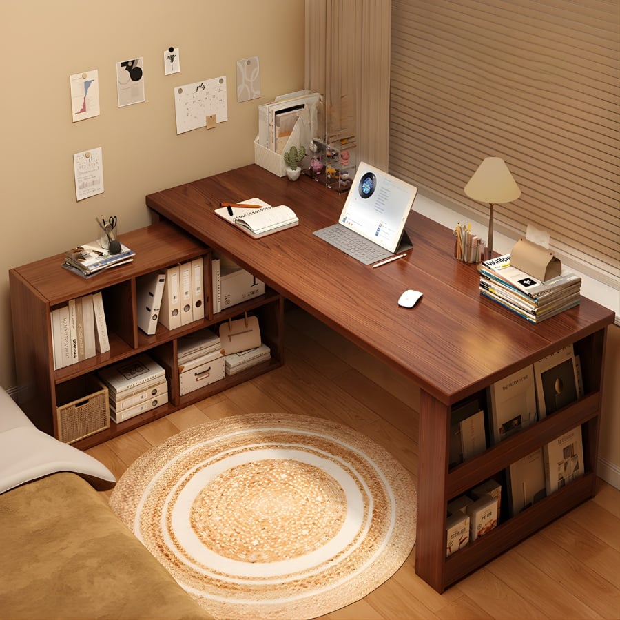 Bàn Làm Việc Có Kệ Sách Thiết Kế Góc Chữ L