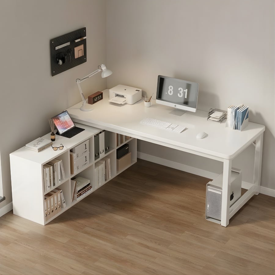 Bàn Làm Việc Góc Chữ L Chân Sắt Có Kệ Sách