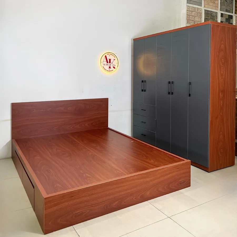 Bộ Combo Giường Tủ Gỗ Công Nghiệp Màu Xoan Đào