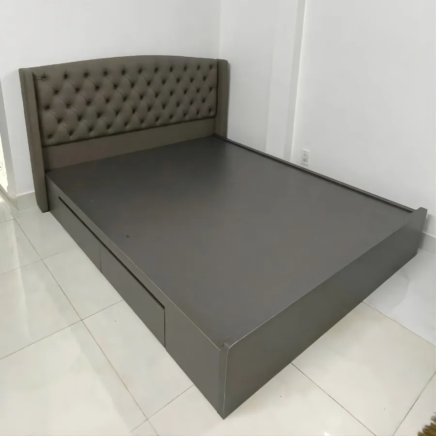 Giường Ngủ Đầu Bọc Nệm Màu Xám Gỗ Công Nghiệp