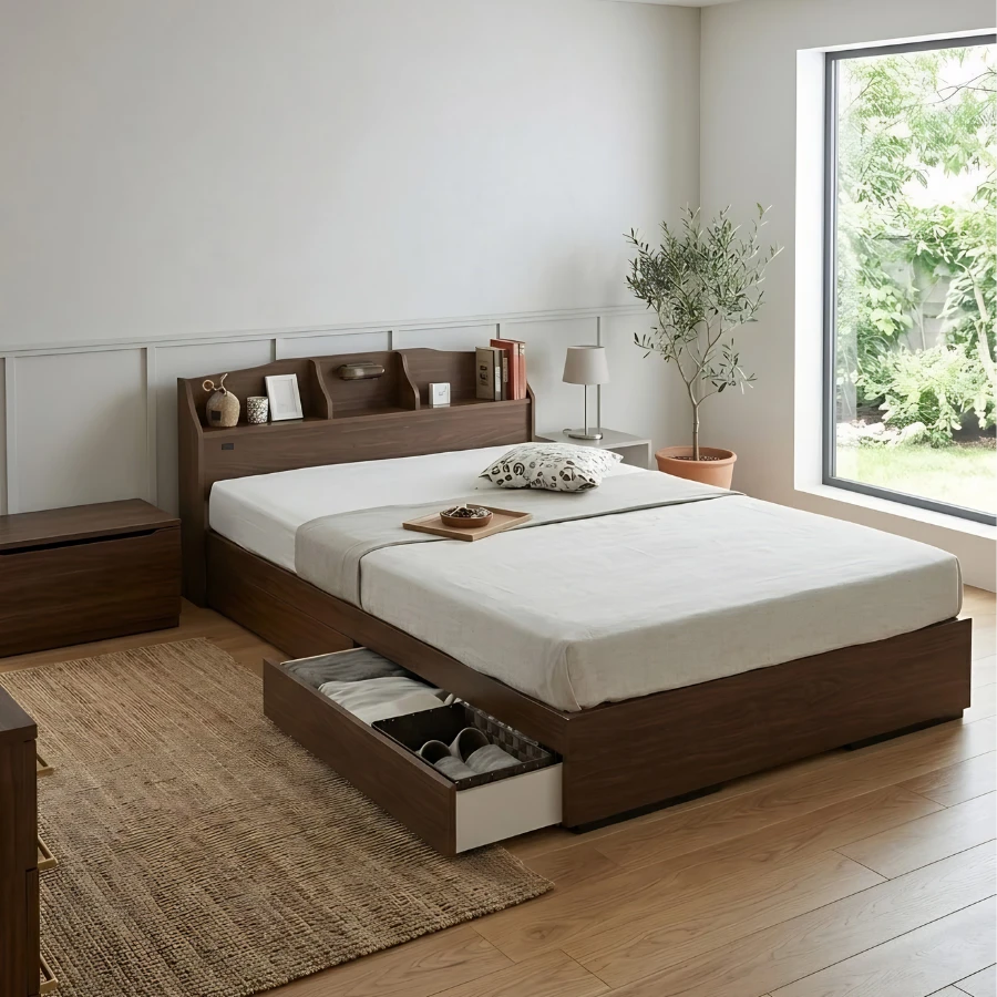 Giường Ngủ Gỗ MDF Thiết Kế Đầu Kệ Thông Minh