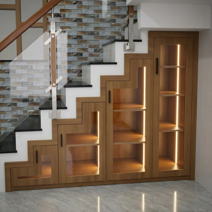 Tủ Chân Cầu Thang Gỗ Công Nghiệp Phối Cánh Kính Có Led