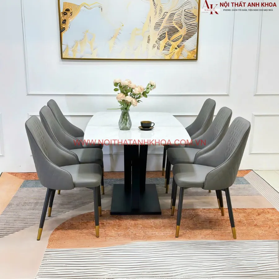 Bàn Ăn 6 Ghế Mặt Đá Hiện Đại