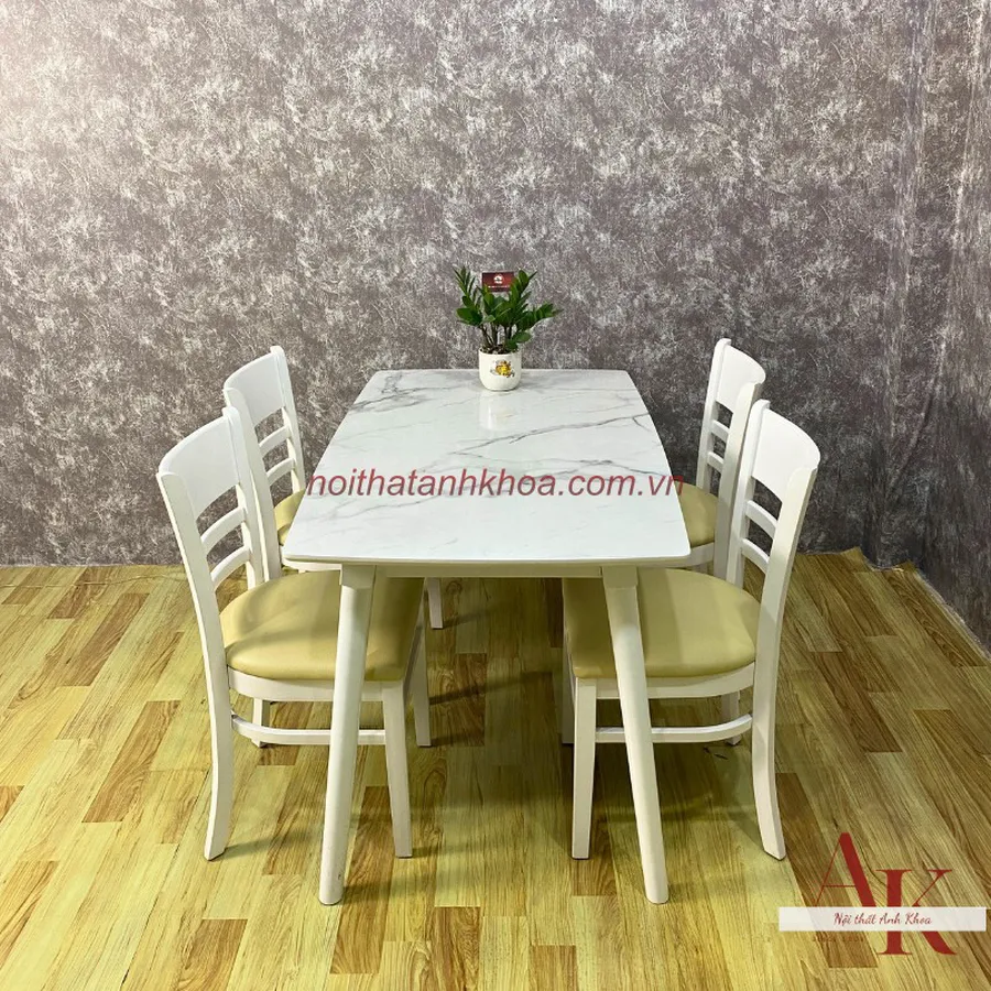 Bàn Ăn Gỗ Cao Su 4 Ghế Màu Trắng Sang Trọng Giá Rẻ