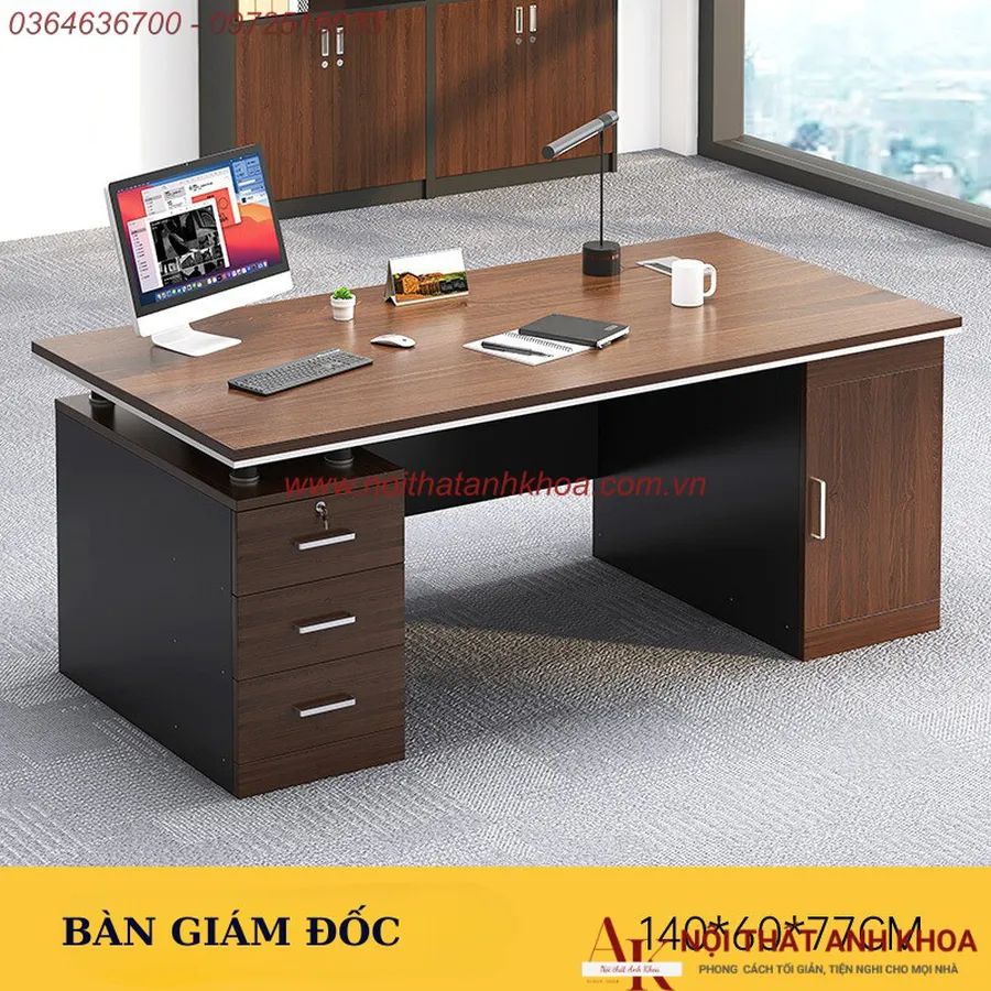Bàn Giám Đốc Gỗ Công Nghiệp MDF Màu Nâu Vân Gỗ Đẹp Hiện Đại
