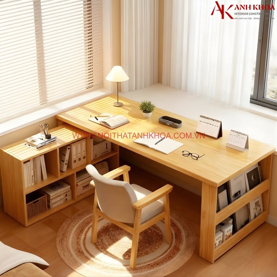 Bàn Làm Việc Có Kệ Sách Thiết Kế Góc Chữ L