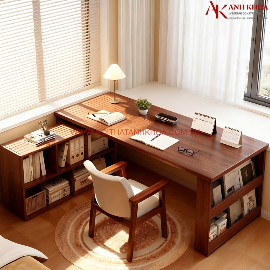Bàn Làm Việc Có Kệ Sách Thiết Kế Góc Chữ L