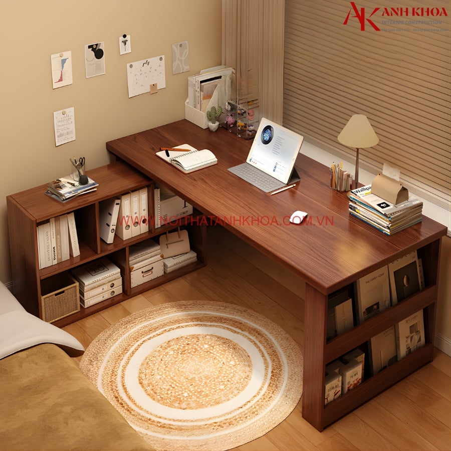 Bàn Làm Việc Có Kệ Sách Thiết Kế Góc Chữ L
