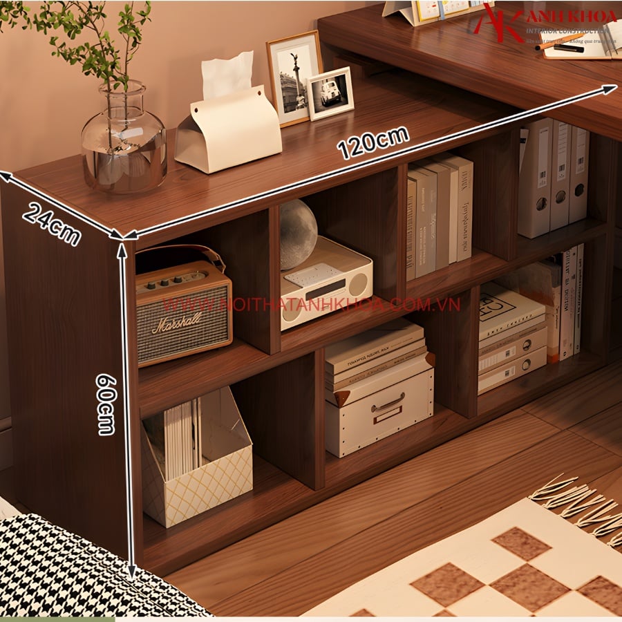 Bàn Làm Việc Có Kệ Sách Thiết Kế Góc Chữ L