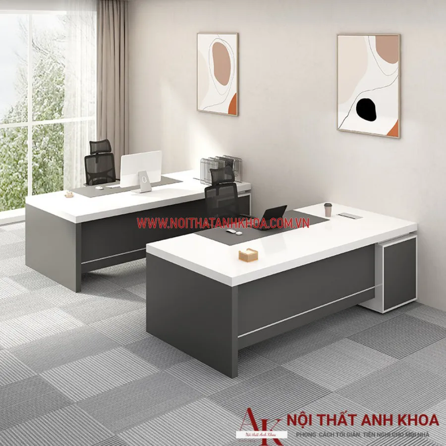 Bàn Làm Việc Gỗ Công Nghiệp Màu Xám Phối Trắng Đẹp Giá Rẻ