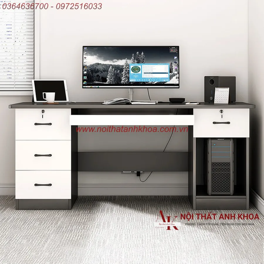 Bàn Làm Việc Gỗ Ván Ép Màu Xám Chì Phối Trắng Đẹp Sang Trọng