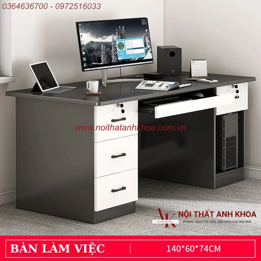 Bàn Làm Việc Gỗ Ván Ép Màu Xám Chì Phối Trắng Đẹp Sang Trọng