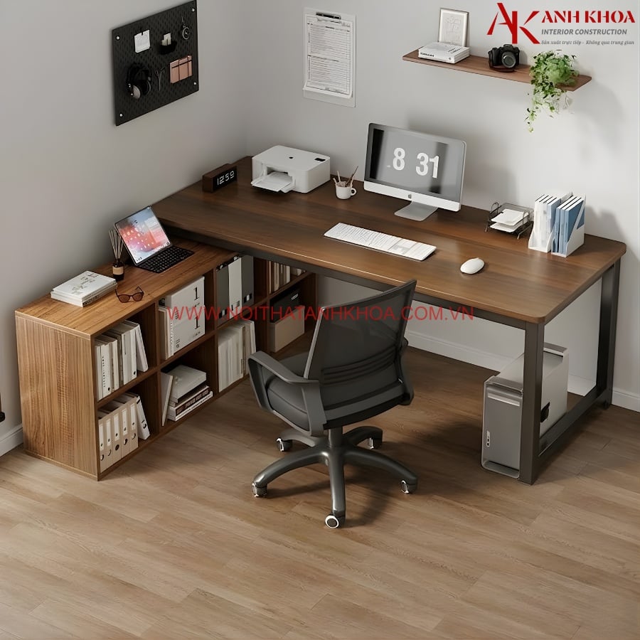 Bàn Làm Việc Góc Chữ L Chân Sắt Có Kệ Sách
