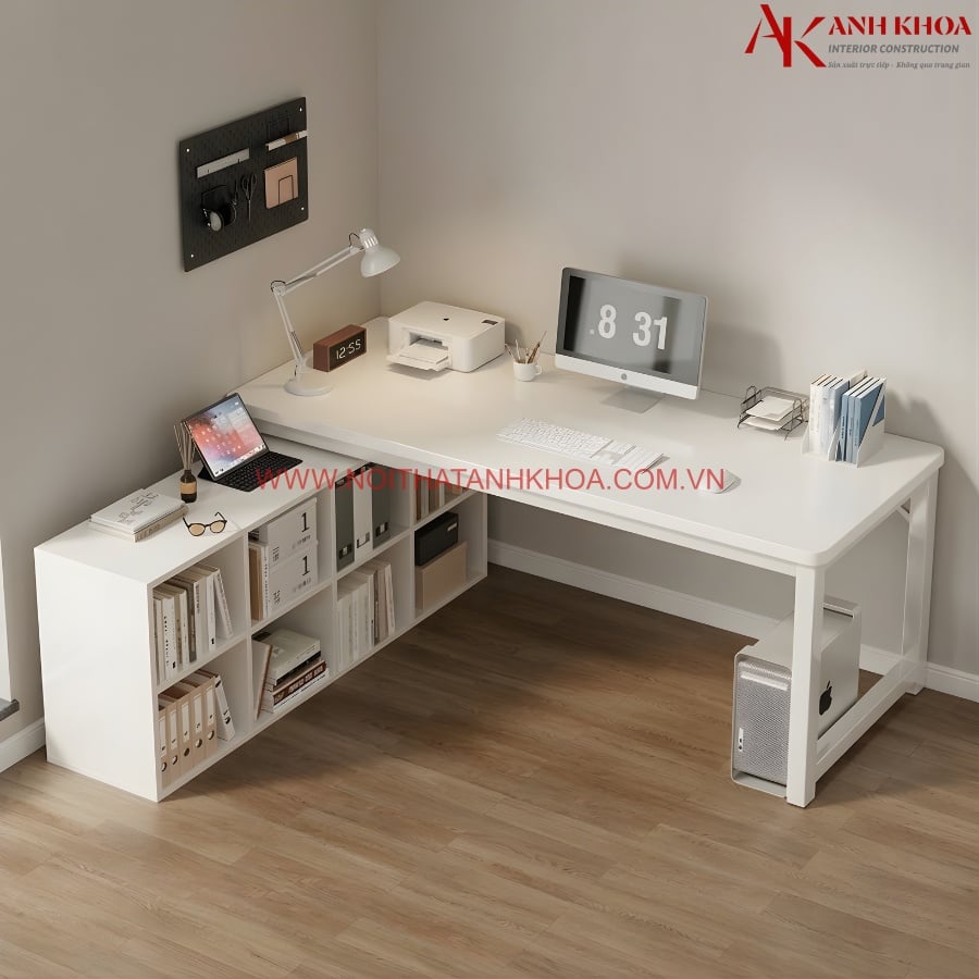 Bàn Làm Việc Góc Chữ L Chân Sắt Có Kệ Sách