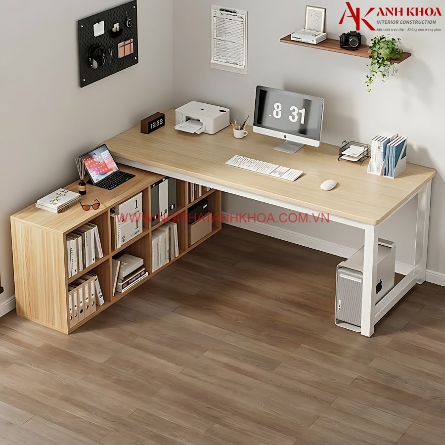 Bàn Làm Việc Góc Chữ L Chân Sắt Có Kệ Sách