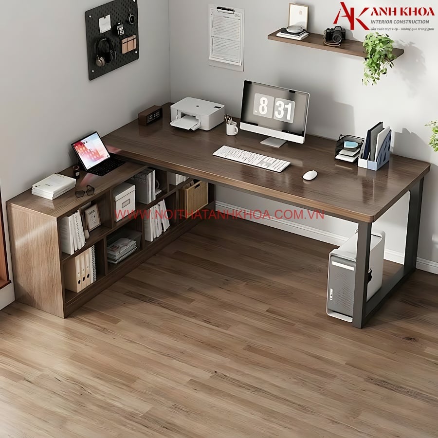 Bàn Làm Việc Góc Chữ L Chân Sắt Có Kệ Sách