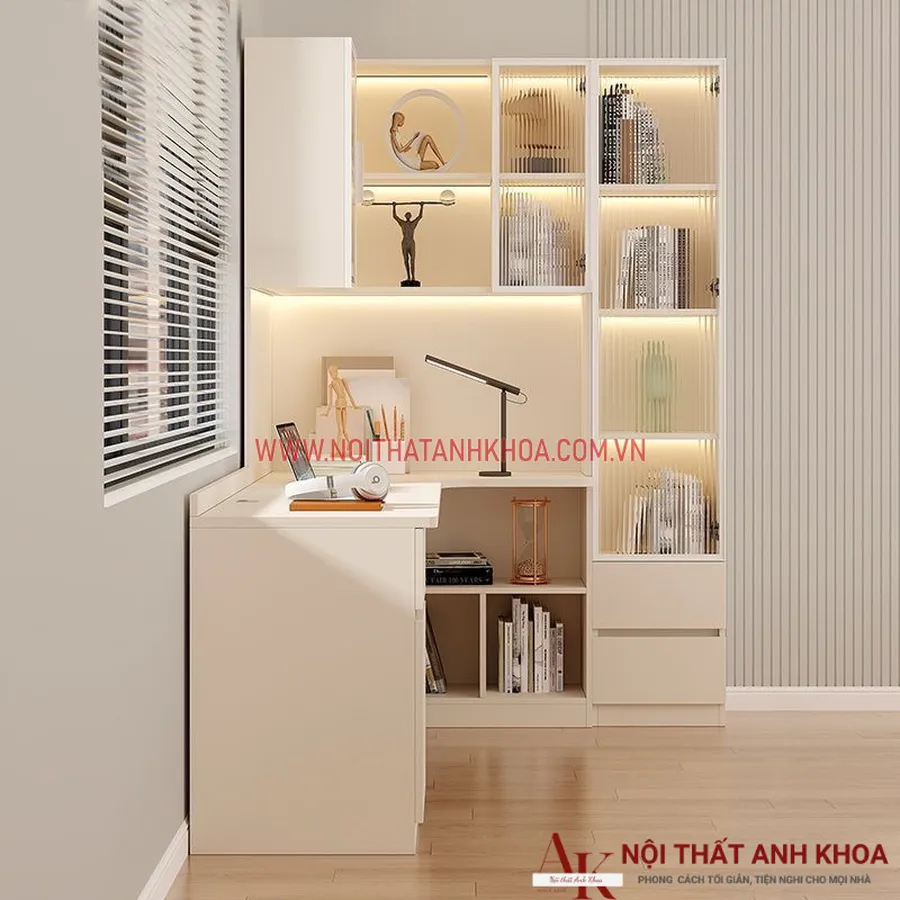 Bàn Làm Việc Kết Hợp Kệ Sách Màu Trắng Cánh Kính