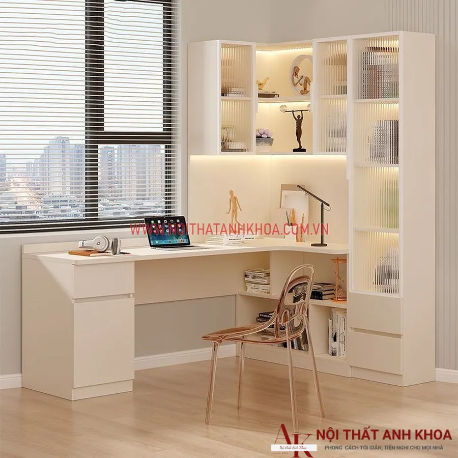 Bàn Làm Việc Kết Hợp Kệ Sách Màu Trắng Cánh Kính