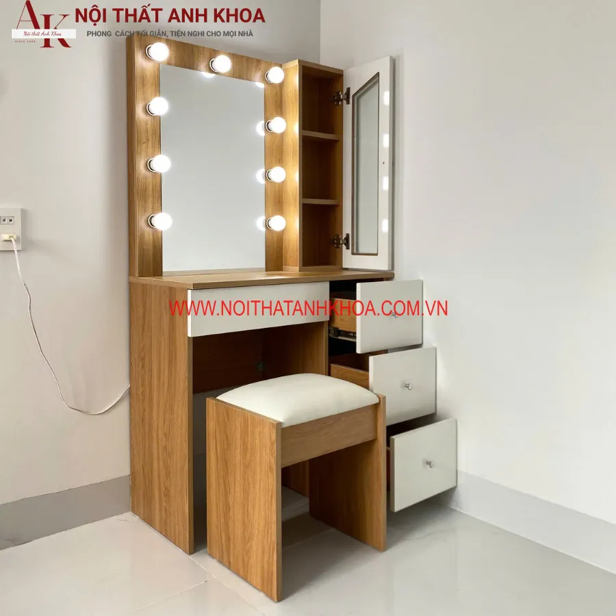 Mẫu Bàn Trang Điểm Gỗ Công Nghiệp Màu Vàng Đẹp Có Đèn LED