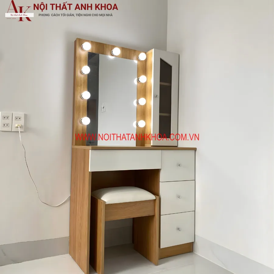 Mẫu Bàn Trang Điểm Gỗ Công Nghiệp Màu Vàng Đẹp Có Đèn LED