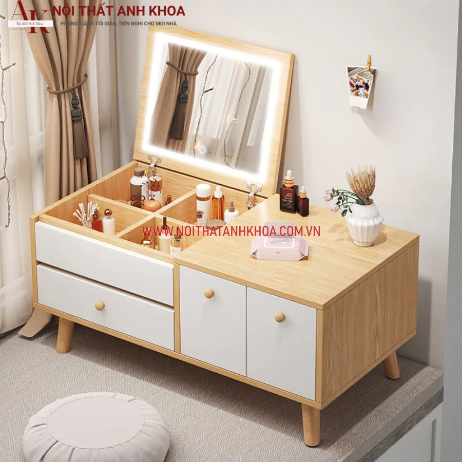 Bàn Phấn Mini Màu Vàng Gỗ Công Nghiệp Có Gương Lật