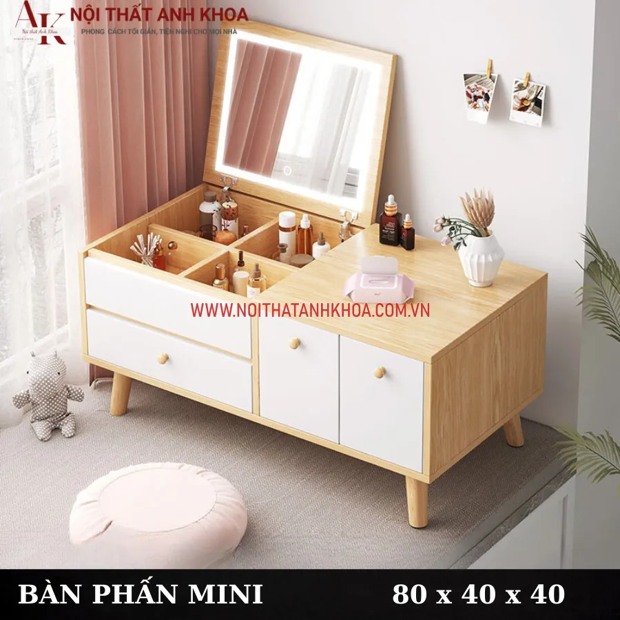 Bàn Phấn Mini Màu Vàng Gỗ Công Nghiệp Có Gương Lật