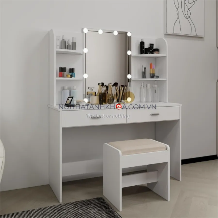 Bàn Trang Điểm Gỗ Công Nghiệp Phủ Melamine Cao Cấp Màu Trắng Hiện Đại