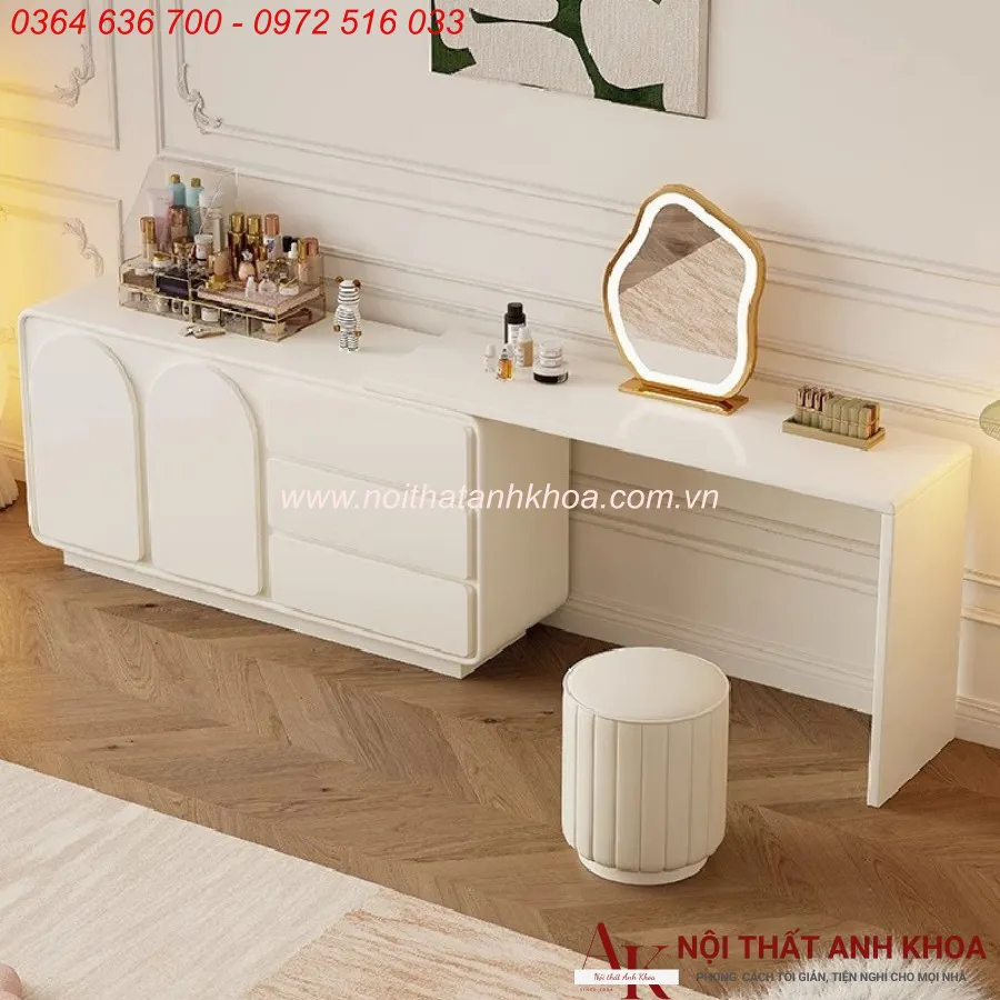 Bàn Trang Điểm Gỗ Công Nghiệp Màu Trắng Có Led Giá Tốt