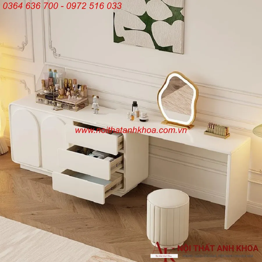 Bàn Trang Điểm Gỗ Công Nghiệp Màu Trắng Có Led Giá Tốt