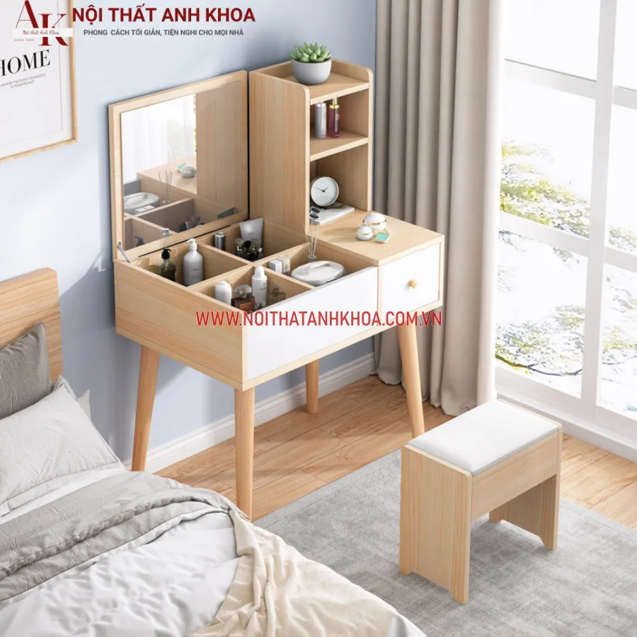 Bàn Trang Điểm Gỗ Ép Có Ghế Màu Vàng Phối Trắng Đẹp Hiện Đại