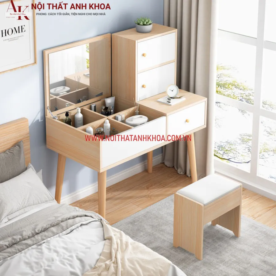 Bàn Trang Điểm Gỗ Ép Có Ghế Màu Vàng Phối Trắng Đẹp Hiện Đại