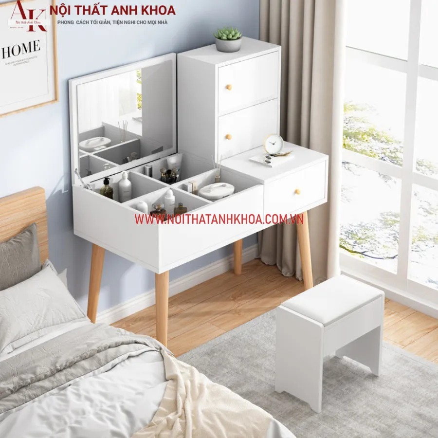 Bàn Trang Điểm Gỗ MDF Màu Trắng Gương Lật Thông Minh